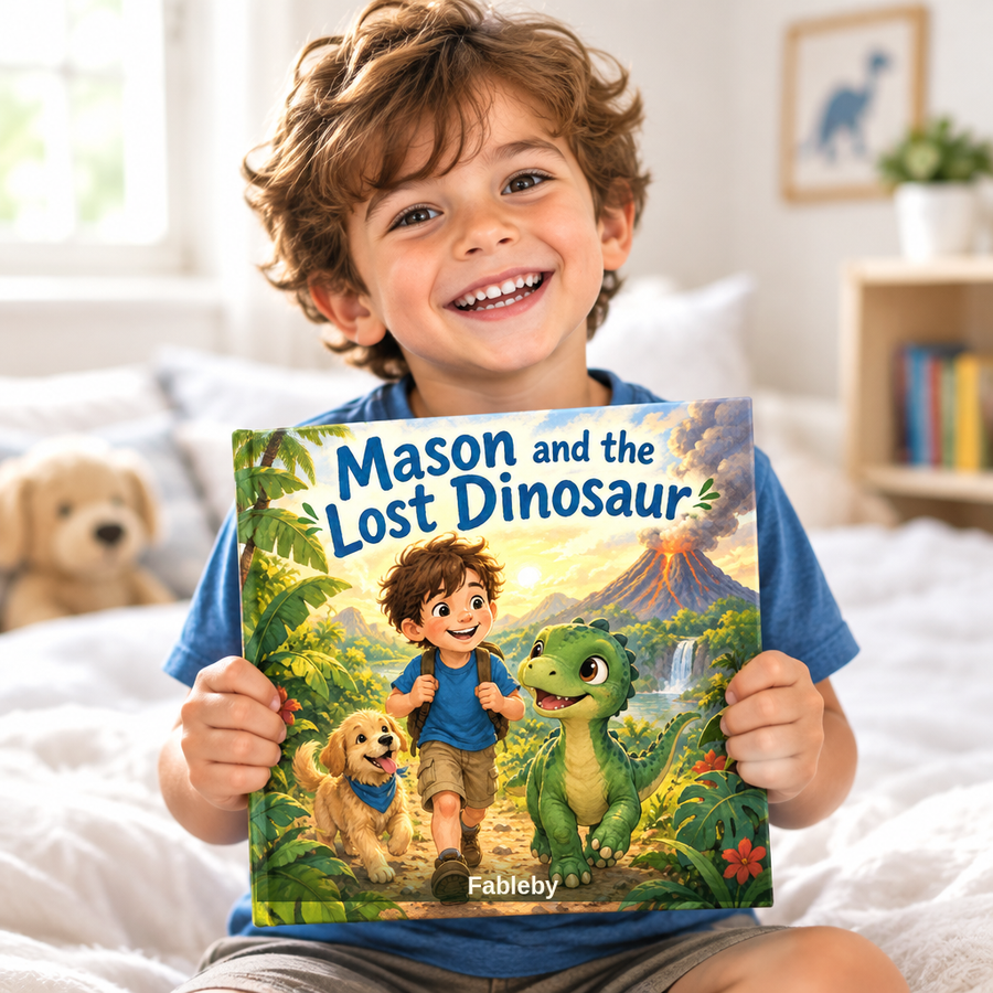A smiling boy holding a personalised storybook with himself on the cover